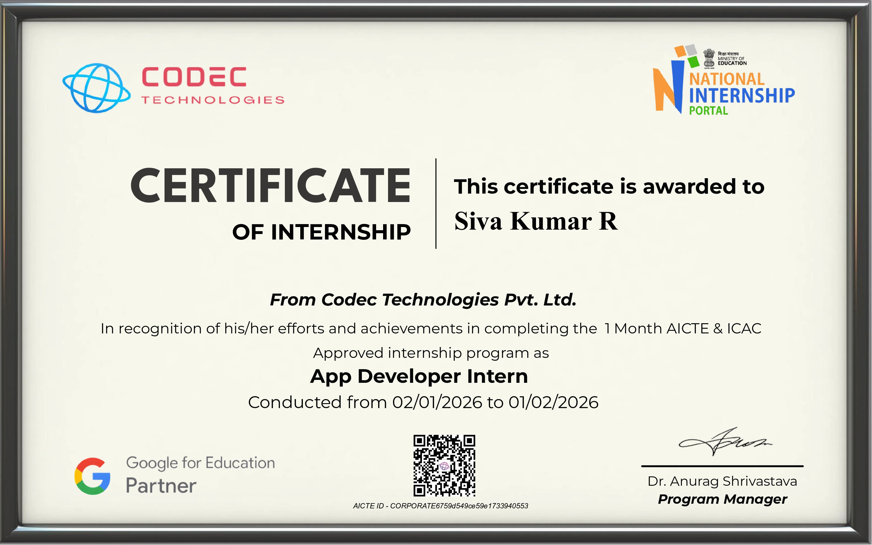 Siva Kumar R App Developer Internship Certification